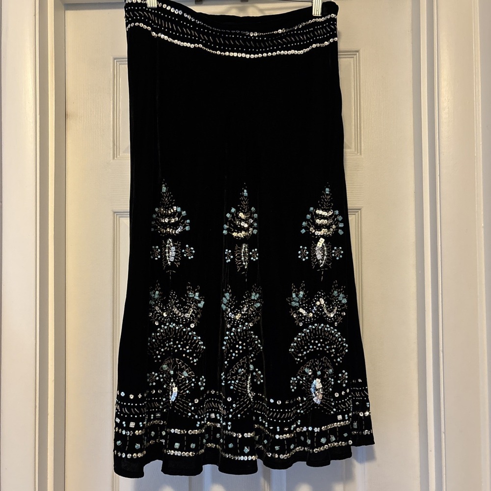 Vintage Y2K black velvet sequin Turquoise Beaded Whimsygoth maxi skirt Size 6
